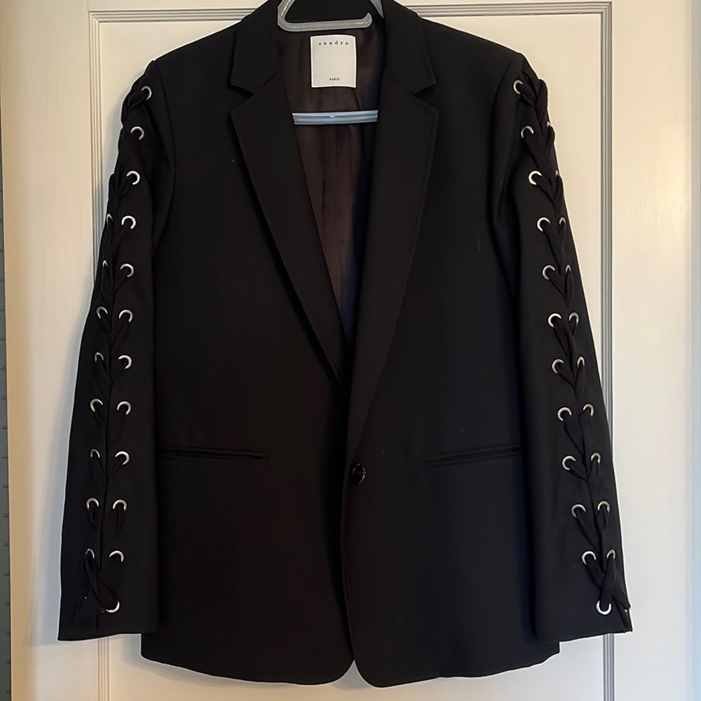 Sandro Black Blazer with Lace-Up Sleeve Detail